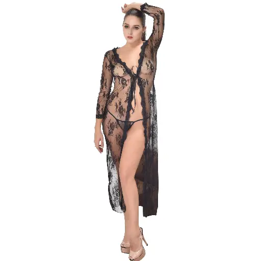 [NG-30232-BK] Front Open Nightgown NG-30232